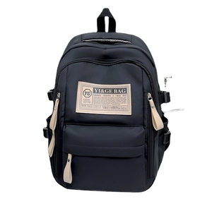 Black large capacity student backpack with beige zipper straps and multiple layers