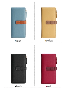 Contrast color long leather wallets for women shown in blue, yellow, black, and red colors