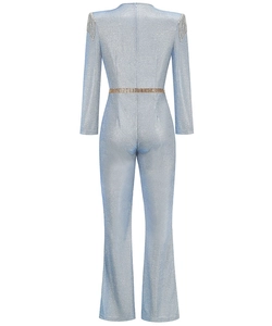 Rear view of light blue sequined jumpsuit with silver fringe shoulder and thin belt
