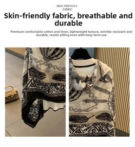 Detailed retro black and white print on breathable cotton-linen scarf fabric
