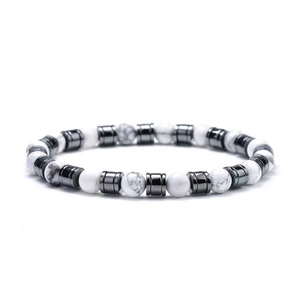 Malachite and hematite beaded bracelet with white marble stone and grey metallic beads