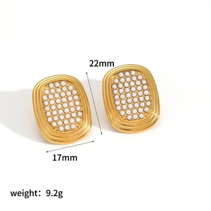 Elegant gold square earrings with full pearl inlay and sparkling diamond accents