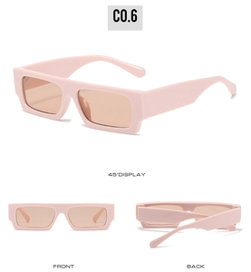 Three-angle display of rectangular pink sunglasses with light brown lenses and UV400 protection