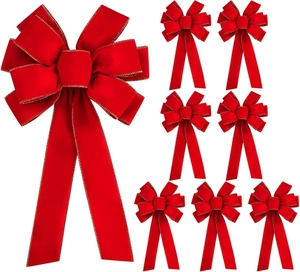 Set aus 8 roten Weihnachts-Schleifen mit Goldrand, eine große und sieben kleine Schleifen