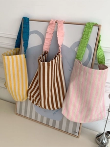 Striped Canvas Tote Bag With Ruched Scrunchie Shoulder Strap Large Capacity Contrast Color Fashion Handbag For Women