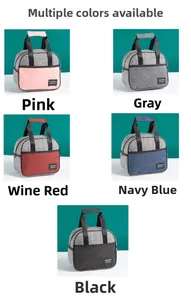 Collage of insulated lunch bags in pink, grey, burgundy, navy, and black colors