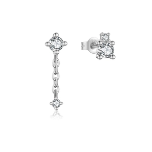 Minimalist S925 sterling silver asymmetrical earrings with zircon chain and studs