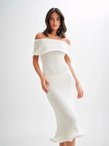Elegant white off-shoulder slim fit knitted midi dress for women in high-quality fabric
