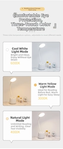 LED desk lamp detail showing three color temperature modes: 3000K, 4000K, and 6000K settings