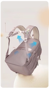 Detail of padded shoulder straps and suitcase luggage strap on purple school backpack