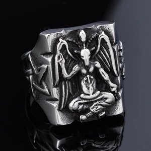 Baphomet Goat Head Ring Stainless Steel Gothic Punk Vintage Satanic Pentagram Jewelry For Men