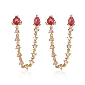 Gold-plated tassel earrings with red pear-shaped gemstones and pink zircon U-shaped chains