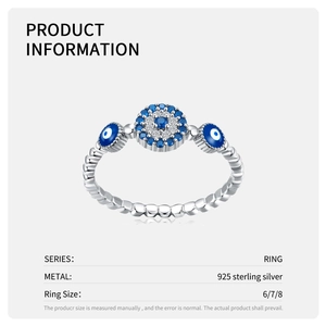 Fashionable 925 sterling silver evil eye ring with sparkling blue and white zircon stones