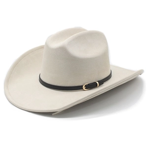 Classic cream faux suede western cowboy hat with black belt buckle and upturned brim