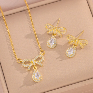 Elegant Bowknot Water Drop Necklace And Earrings Titanium Steel Gold Plated Cubic Zirconia Jewelry For Women