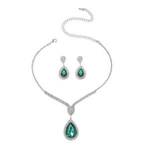 Luxurious emerald water-drop jewelry set with sparkling rhinestones and silver finish