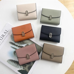 Short leather wallets with litchi grain and metal buckle in six multiple soft colors