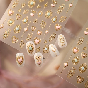 Retro-Hof-Stil goldene geprägte Herz-Nagelaufkleber mit Sternen und Edelstein-Design
