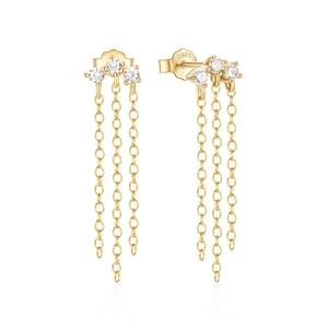 Detail of S925 silver gold tassel earrings with sparkling crystals and long chains