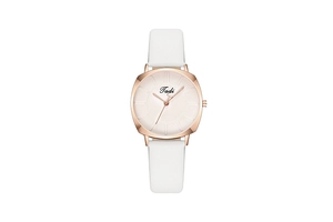 Close-up of white leather strap and rose gold round case with minimalist Tadi dial