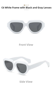Front and side views of stylish chunky white frame sunglasses with dark grey lenses