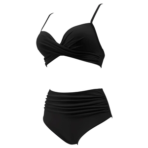 Detail view of black high waisted bikini set featuring front twist top and pleated swim bottom