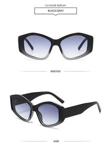 Detail of geometric hexagonal sunglasses with black frames and gray gradient lenses