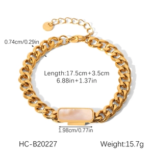 Detailed view of golden stainless steel bracelet with dimensions and shell inlay detail