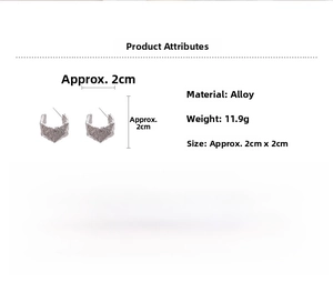 Detailed size and weight view of silver C-shaped geometric earrings with rock texture