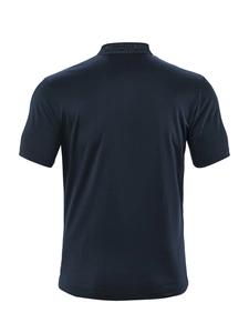 Rear view of a navy blue short-sleeve polo shirt showing the fabric texture and tailoring