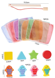 Detailed size specifications for wooden fishing rods, fabric bags, and blocks for kids