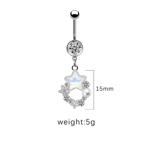 Silver crescent moon belly button ring with iridescent star pearl and clear gemstone