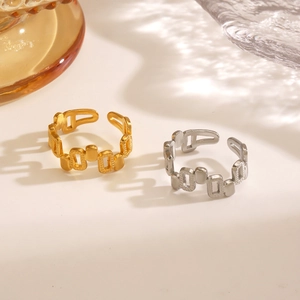 Golden and silver geometric hollow rectangular chain rings with adjustable open band design