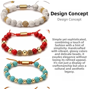 Handmade beaded bracelets with white marble, red and turquoise stones and gold accents