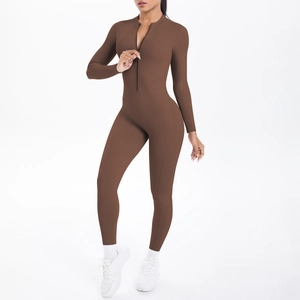 Brauner langärmliger Sport-Body mit Reißverschluss für Fitness und Yoga-Training