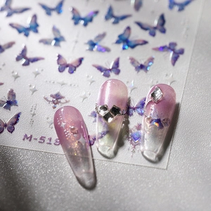 Exquisite blue and purple gradient butterfly nail art stickers with silver star accents