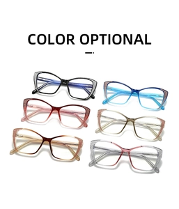 Cat eye blue light glasses frames shown in six colors with glitter detail on the corners