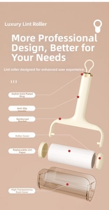 Exploded view of a lint roller with non-slip handle, reinforced bracket and dust cover