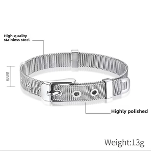 Detail of 8mm silver mesh stainless steel bracelet with high polished finish and buckle
