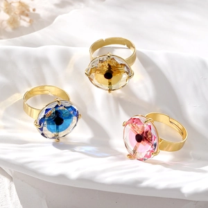 Ethnic Style Copper Gold Plated Adjustable Open Ring With Colorful Round Rhinestone Inlaid Elegant Fashion Jewelry For Women