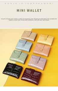 Showcase of 8 colors of crocodile embossed mini wallets with snap button closure
