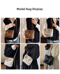 Quilted bucket bag with chain strap and heart charms shown in multiple colors on model