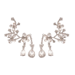 Elegant silver flower earrings with clear crystals and teardrop pendants on white base