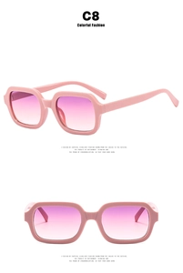 Detailansicht der rosa quadratischen Sonnenbrille mit dickem Rahmen und Verlaufsgläsern