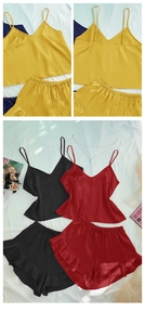 Detail of satin pajama sets showing adjustable straps and ruffle hem shorts in multiple colors