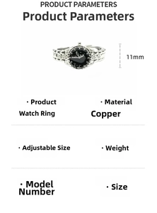 Detailed specs for 11mm watch-shaped copper ring with adjustable open band and 3.5g weight