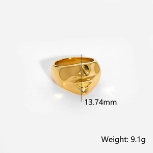 Close-up of gold punk face ring with relief detail showing 13.74mm height and 9.1g weight