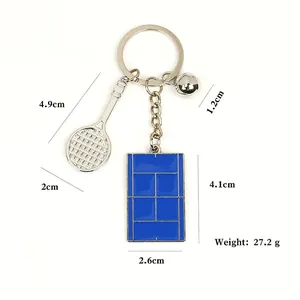 Tennis racket keychain with ball and blue court pendant for sports fans and gifts