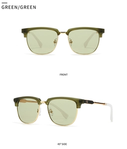 Detailed front and side view of semi-rimless olive green and gold metal sunglasses