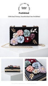 Close-up of black acrylic evening clutch featuring 3D floral accents and gold chain strap